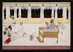 Raja Balwant Singh of Jasrota examining a painting with Nainsukh by Nainsukh