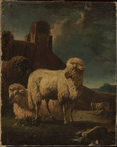 Rams with ruins in the background by Philipp Peter Roos