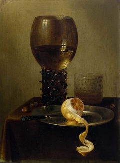Roemer, beer glass and lemon with a knife by Willem Claesz Heda