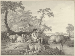 Schaapherder met schapen, een geit en een jonge stier in een landschap by Barend Hendrik Thier