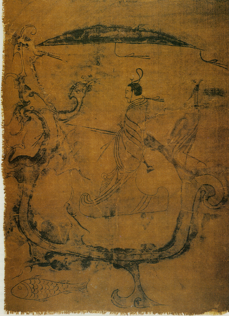 silk painting depicting a man riding a dragon