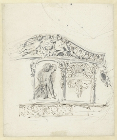 Spiegel van een jacht met een staande putto en een wapen in schild by Willem van de Velde II