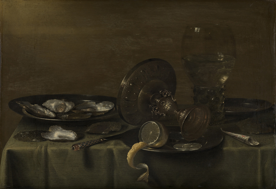 Still life with a silver tazza, rummer and oysters