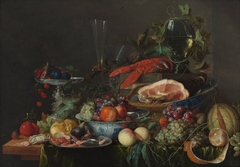 Still life with ham, lobster and fruit