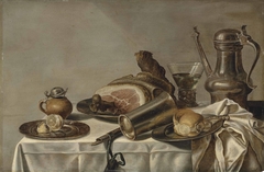 Still life with ham on a laid table by Pieter van Berendrecht