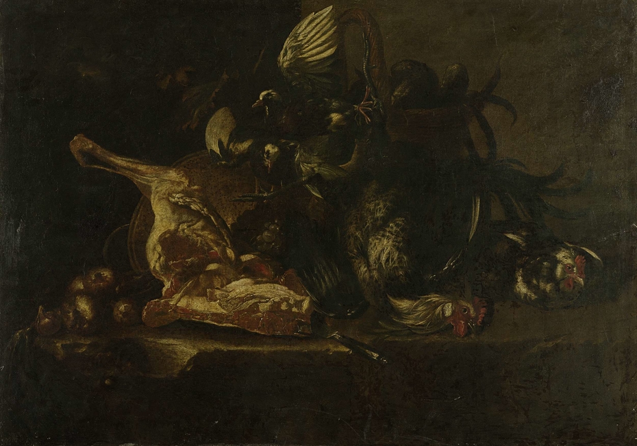 Still life with meat and dead birds