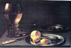 Still life with roemer, lemon and knife by Franchoys Elaut