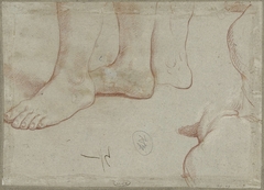 Studies van voeten, hoofd en schouders van een op de rug geziene man