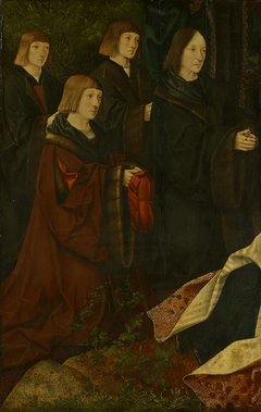 The donors Korsgen Elbertzen, his sons Dirck and Albert on left half, with female donors on the right by Anonymous