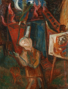 The painter in front of a burning house by Imre Ámos