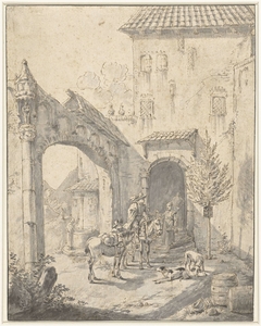Twee ruiters pleisteren op de voorhoof van een herberg by Johann Heinrich Roos