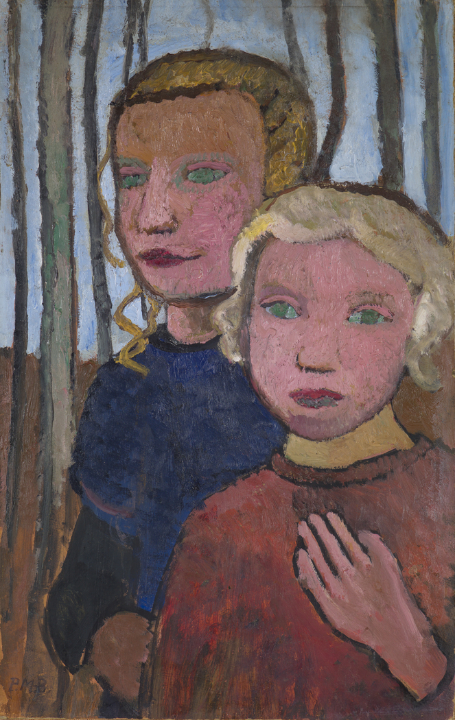 Two Girls in Front of Birch Trees