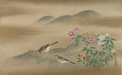 Two Java Sparrows Amid White and Pink Bell Flowers by Kanō Tanshin