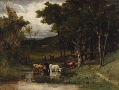 Untitled (landscape with cows in stream near trees)