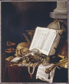 Vanitas still life with coins and other objects on a table by Pieter Claesz