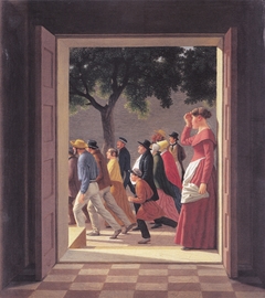 View through a door to running figures