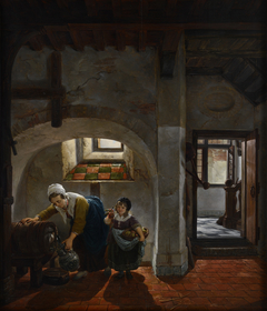 Voorraadkelder met een vrouw die een stenen kruik vult en een kind by Abraham van Strij