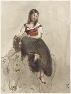 Vrouw op een paard gezeten met kan