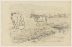 Weide met drie koeien en een melkmeisje by Jozef Israëls