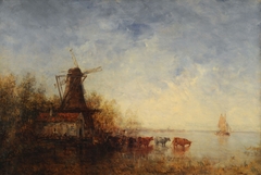 Windmill on riverbank by Félix Ziem