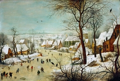 Winter landscape with skaters and bird trap