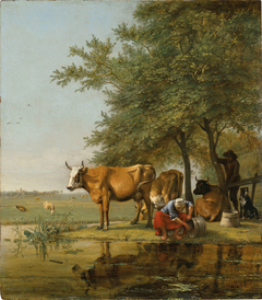 Woman washing a pail, with cattle, a man, and a dog