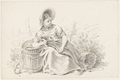 Zittende, rustende vrouw met een mand by Pieter Bartholomeusz Barbiers