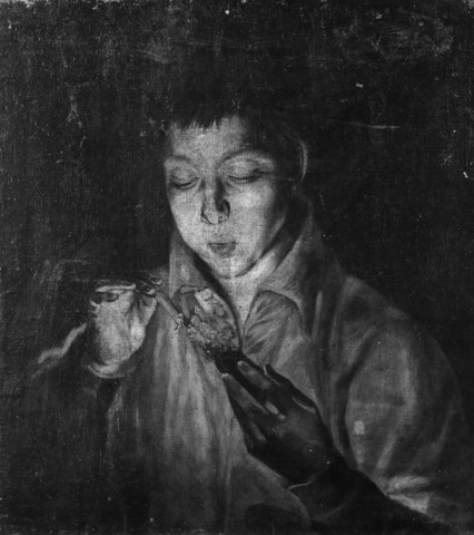 A Boy Blowing on an Ember to Light a Candle
