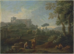A classical landscape with a capriccio of the Vatican Belvedere, figures conversing in the foreground