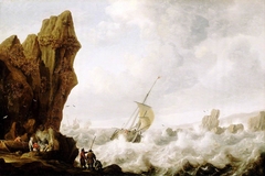 A Fishing Boat in Rough Sea off a Rocky Shore
