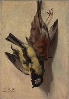 A Great Tit and a Robin by Cornelis Samuel Stortenbeker