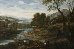 A Hilly River Landscape with Figures and Animals in the foreground by Italo-Netherlandish School