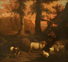 A Landscape with a Shepherd under an Awning surrounded by Sheep and a Goat