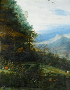 A mountainous landscape with a figure reading before a cottage by Joseph van Bredael