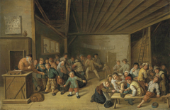 A schoolroom interior, with a teacher at a podium, and pupils merrymaking