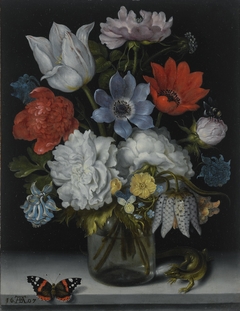 A Still Life of Flowers in a Glass Flask on a Marble Ledge, Flanked by a Red Admiral Butterfly and a Lizard