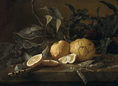 A Still Life with Citrons, a Knife and Peapods on a Stone Ledge by Juan Fernández el Labrador