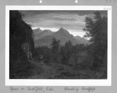 Abendlandschaft im Gebirge mit erleuchteter Kapelle by Julius Schnorr von Carolsfeld