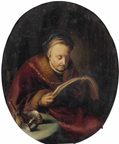An old woman reading a book by Gerrit Dou