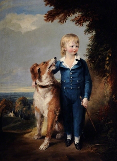An Unknown Boy wearing a Blue Suit in a Landscape with Dog by Anonymous