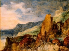 Berglandschaft mit geknickten Tannenstämmen im Strom by Joos de Momper the Younger