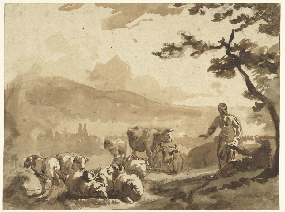 Berglandschap met herders bij hun kudde schapen en koeien