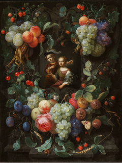 Cartouche with children portraits in a garland by Joris van Son