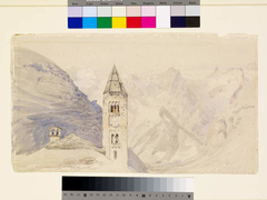 Church Tower of Courmayeur, with the Heights of the Mont Blanc Range beyond / Church and Buildings - In The Foreground, On The Left, Is A Church Tower ... by John Ruskin