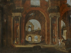 Classical Ruins, Horseman and Figures by school of Giovanni Paolo Panini