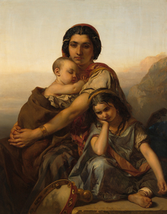 Een zigeunerin met twee kinderen