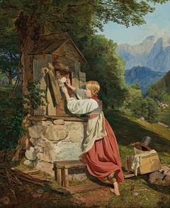 Ein Mädchen schmückt die Mutter Gottes mit einer Rose by Ferdinand Georg Waldmüller