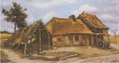 Farmhouse with a stooping Peasant-woman in a blue dress