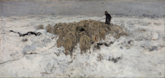 Flock of sheep with shepherd in the snow