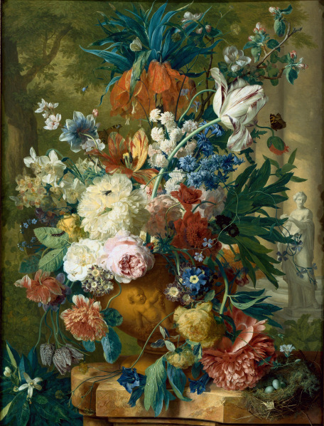 Flowers in a Vase with Crown Imperial and Apple Blossom at the Top and a Statue of Flora 1731-2